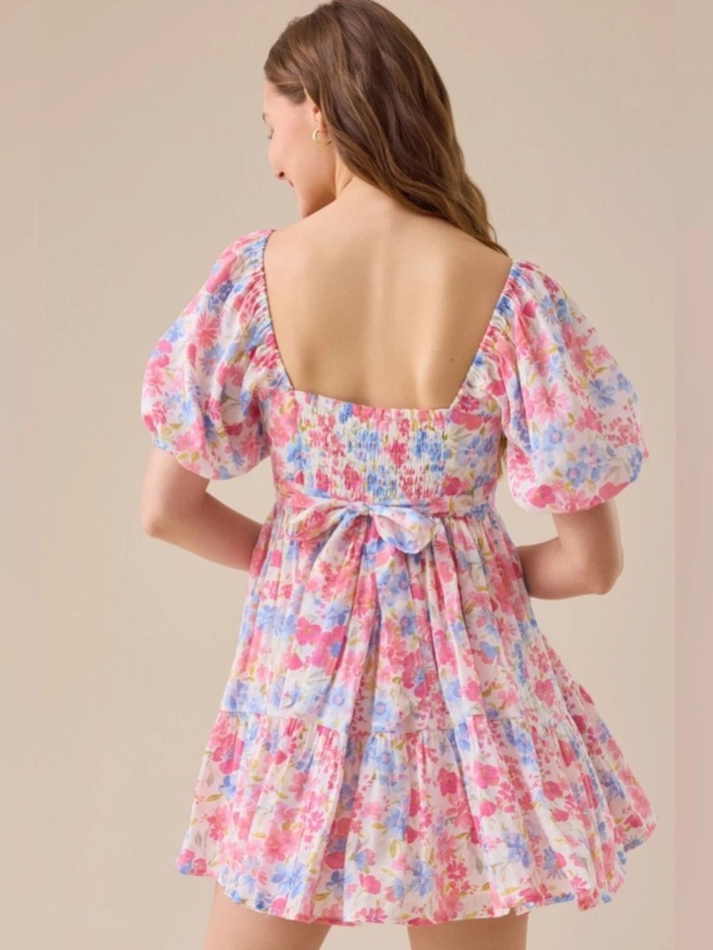 Altar’d State Delilah Pink Blue White Floral Tiered Puff Sleeve Mini Dress. Sz M